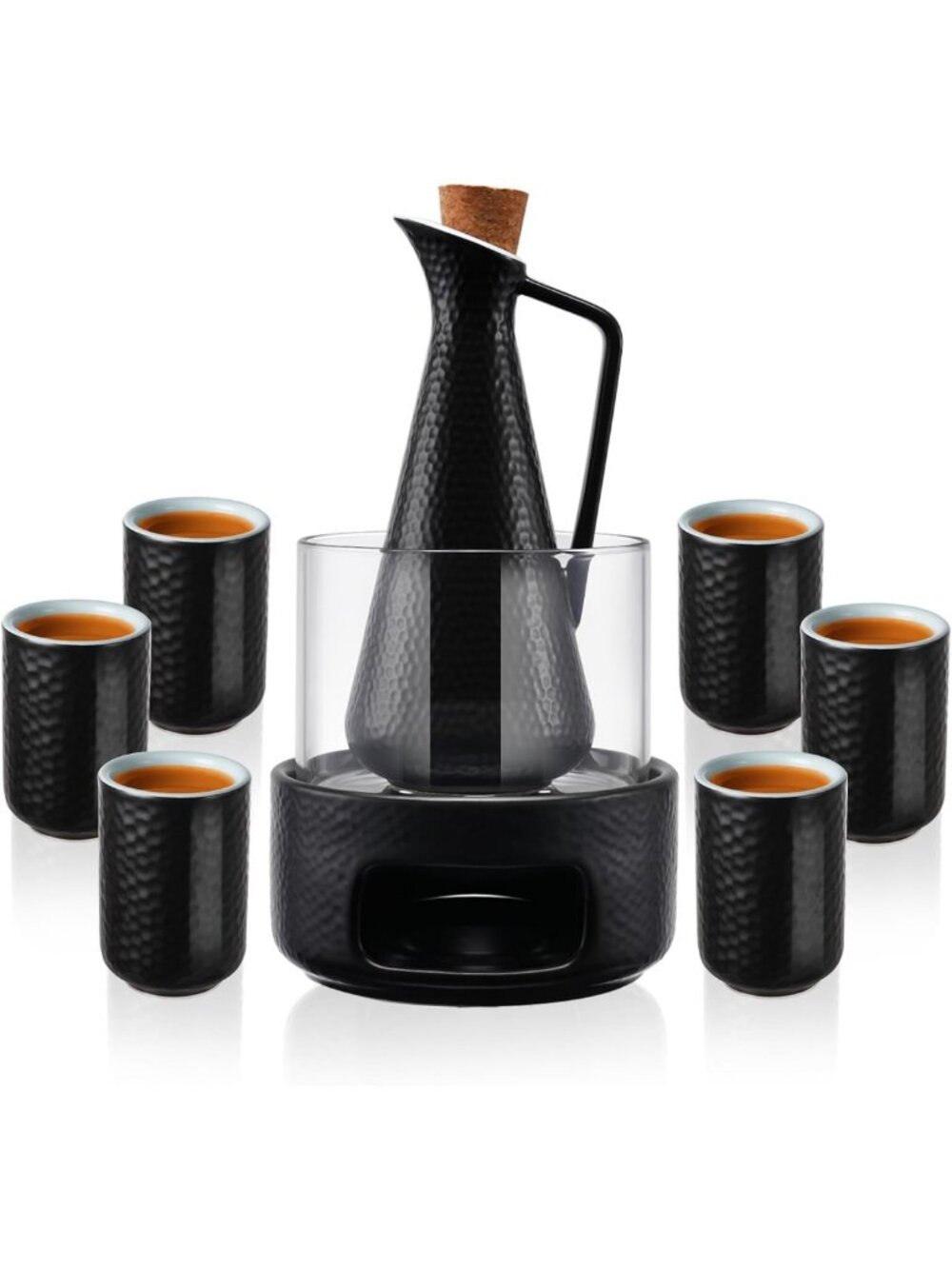 Elegant Sake Set with 6 Cups & Warmer | 13 oz Hot Sake Serving Set, Black